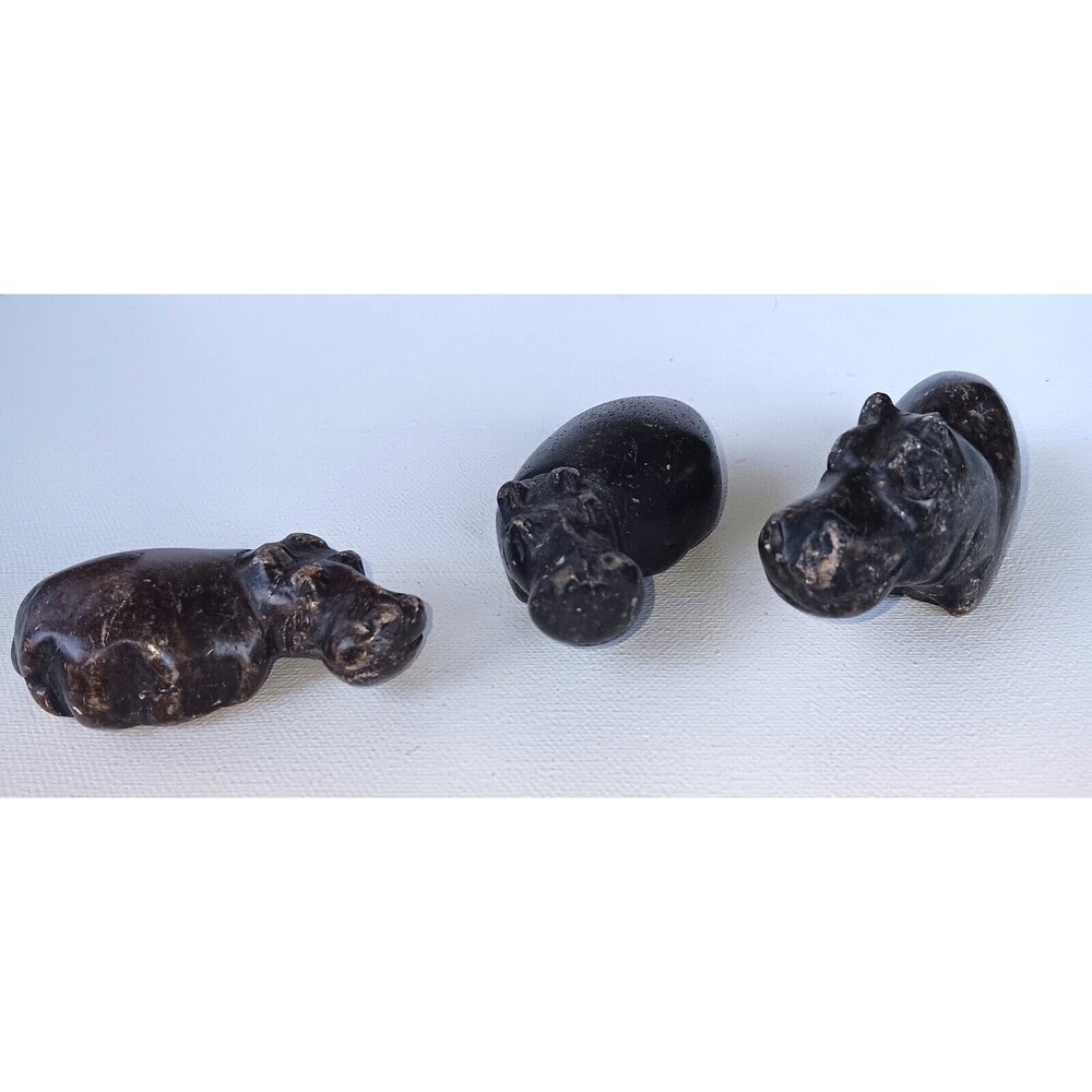 Genuine Hand Carved  Polished Stone Hippo Family Figurines Set of 3 Hippopotamus
